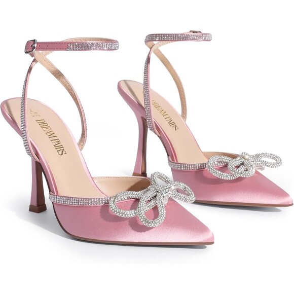 🆕 Women Pink Ankle Strap Sparkly Bow Shine Star Wrap-Around High-Heel Pumps - Picture 8 of 8